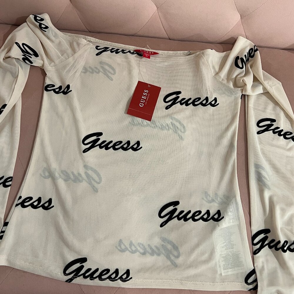 GUESS Women's Sheer Logo Off Shoulder Top size M - Picture 4 of 6